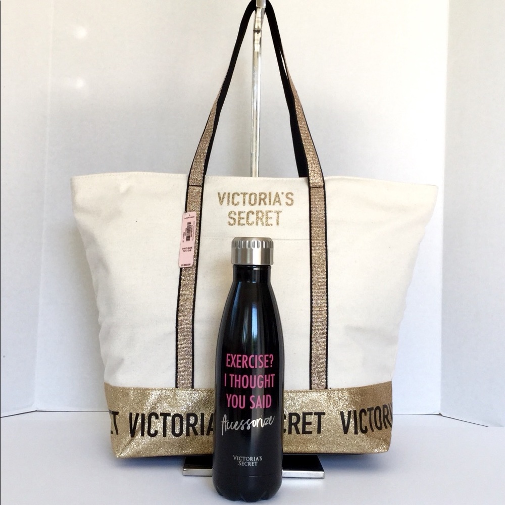 VS Gold Glitter Tote Bag & Beverage Flask Bundle